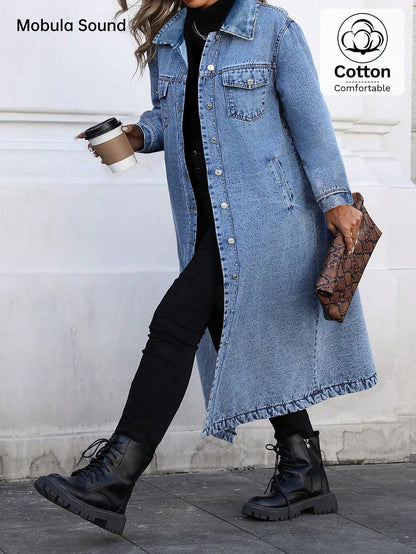 Mobula Sound#Plus Size Women's Spring/Summer Versatile Fashion Denim Front Button Long Coat For Daily, Holiday, Birthday, And Airport Outfits Casual