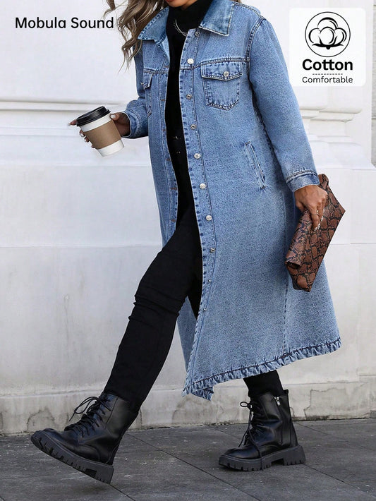 Mobula Sound#Plus Size Women's Spring/Summer Versatile Fashion Denim Front Button Long Coat For Daily, Holiday, Birthday, And Airport Outfits Casual