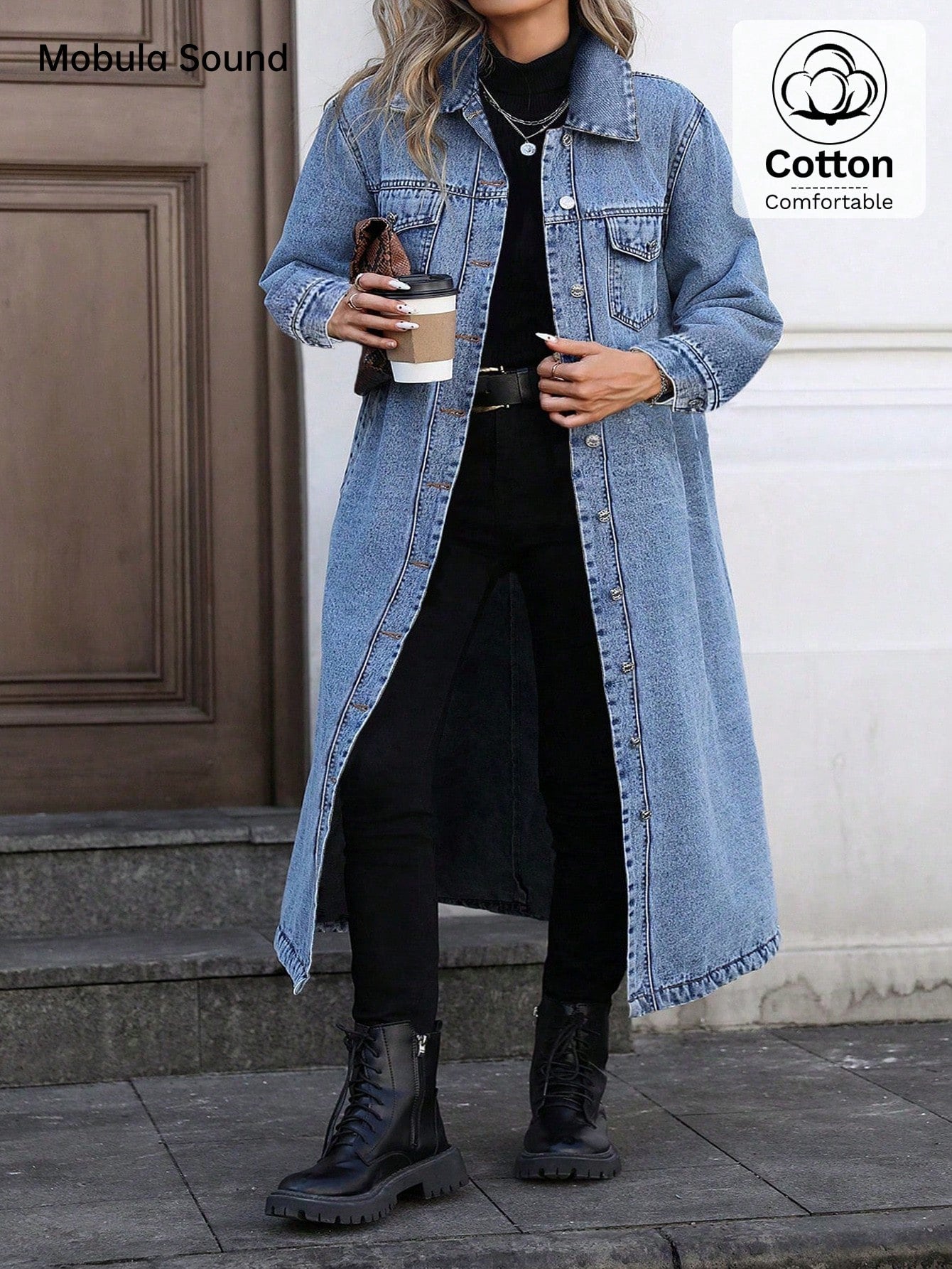 Mobula Sound#Plus Size Women's Spring/Summer Versatile Fashion Denim Front Button Long Coat For Daily, Holiday, Birthday, And Airport Outfits Casual
