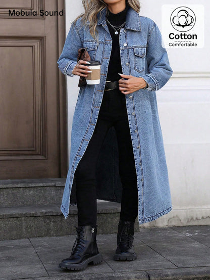 Mobula Sound#Plus Size Women's Spring/Summer Versatile Fashion Denim Front Button Long Coat For Daily, Holiday, Birthday, And Airport Outfits Casual