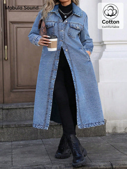 Mobula Sound#Plus Size Women's Spring/Summer Versatile Fashion Denim Front Button Long Coat For Daily, Holiday, Birthday, And Airport Outfits Casual