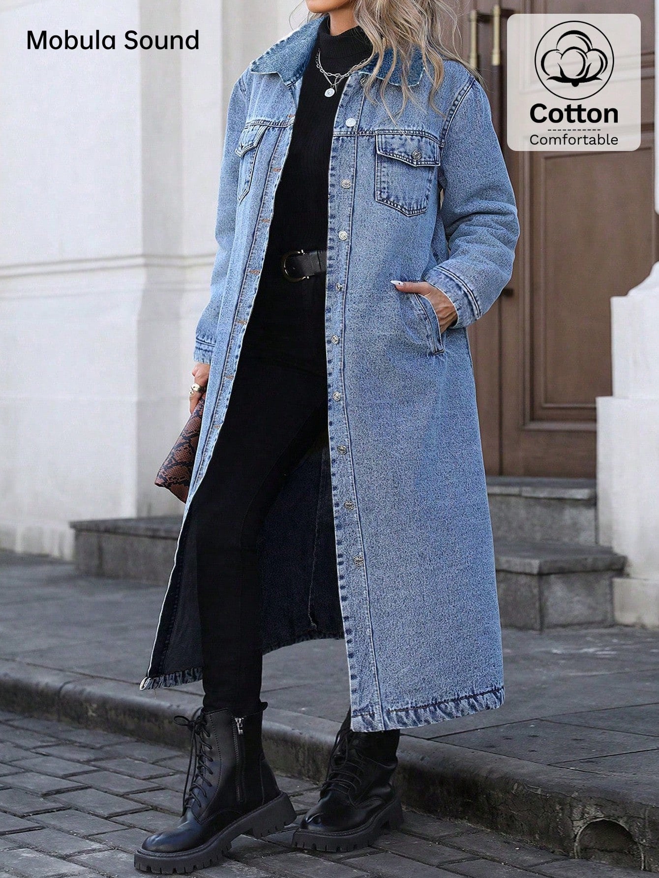 Mobula Sound#Plus Size Women's Spring/Summer Versatile Fashion Denim Front Button Long Coat For Daily, Holiday, Birthday, And Airport Outfits Casual