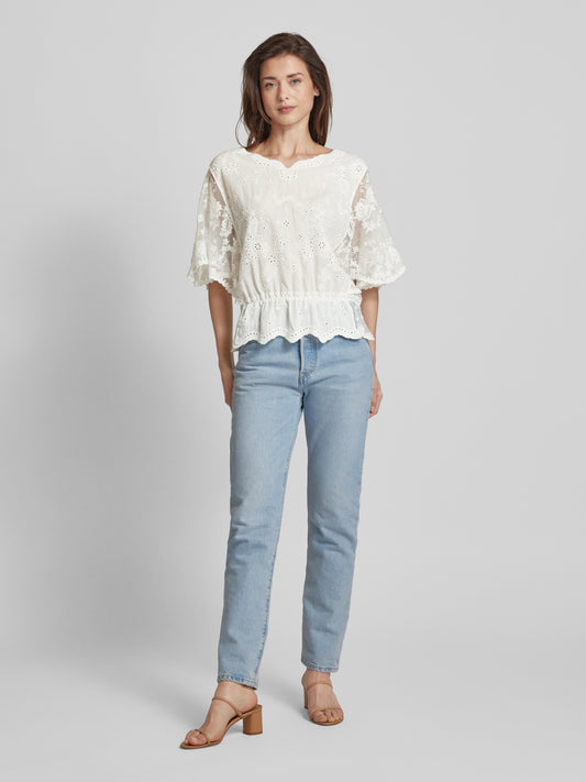 Elegant White Apricot Blouse with Delicate Crochet Lace Detailing