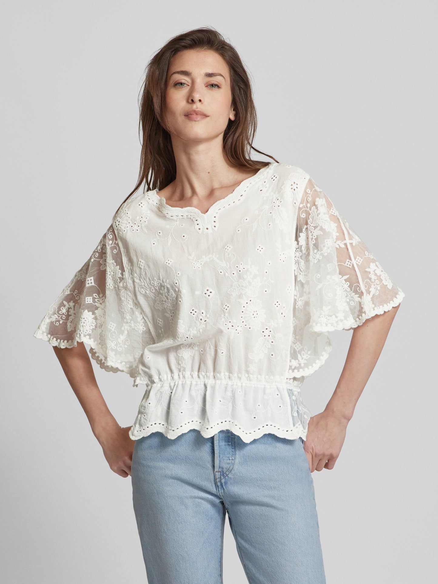 Elegant White Apricot Blouse with Delicate Crochet Lace Detailing