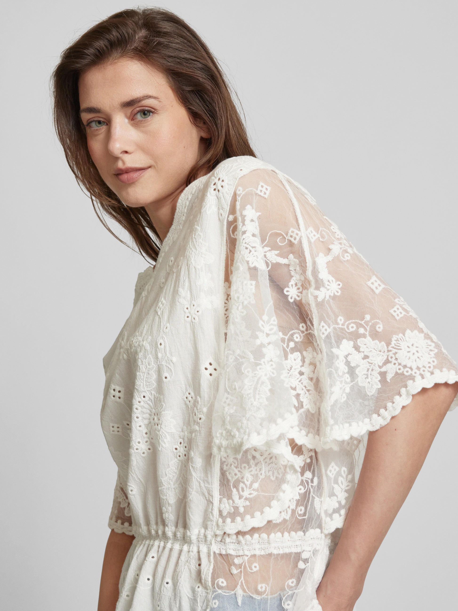 Elegant White Apricot Blouse with Delicate Crochet Lace Detailing