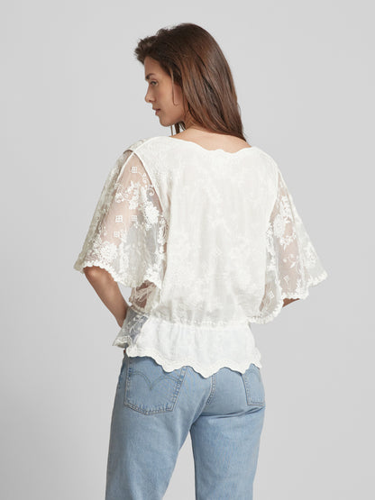 Elegant White Apricot Blouse with Delicate Crochet Lace Detailing